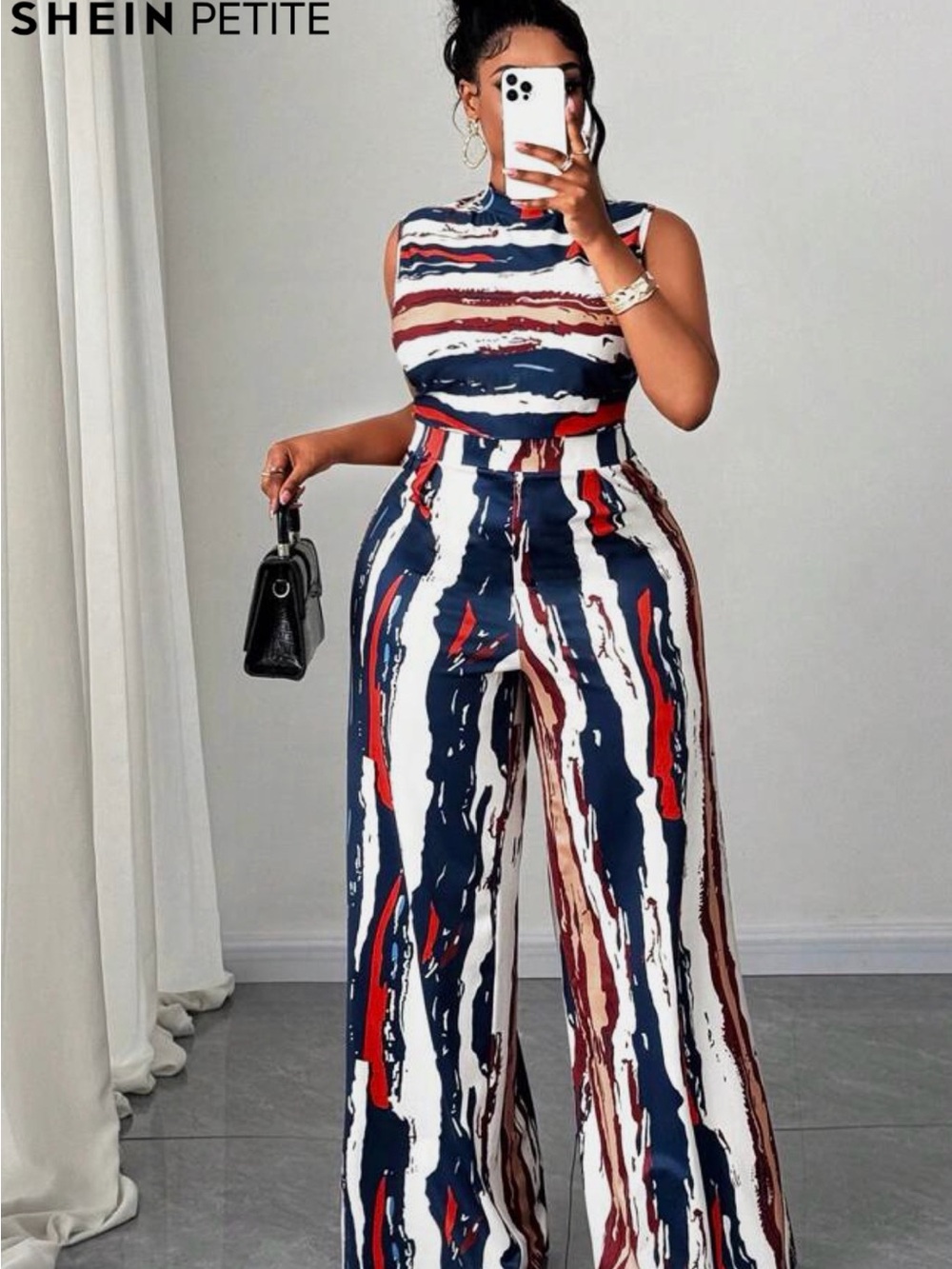 SHEIN Navy Red White Abstract-Striped Wide-Leg Jumpsuit Petite